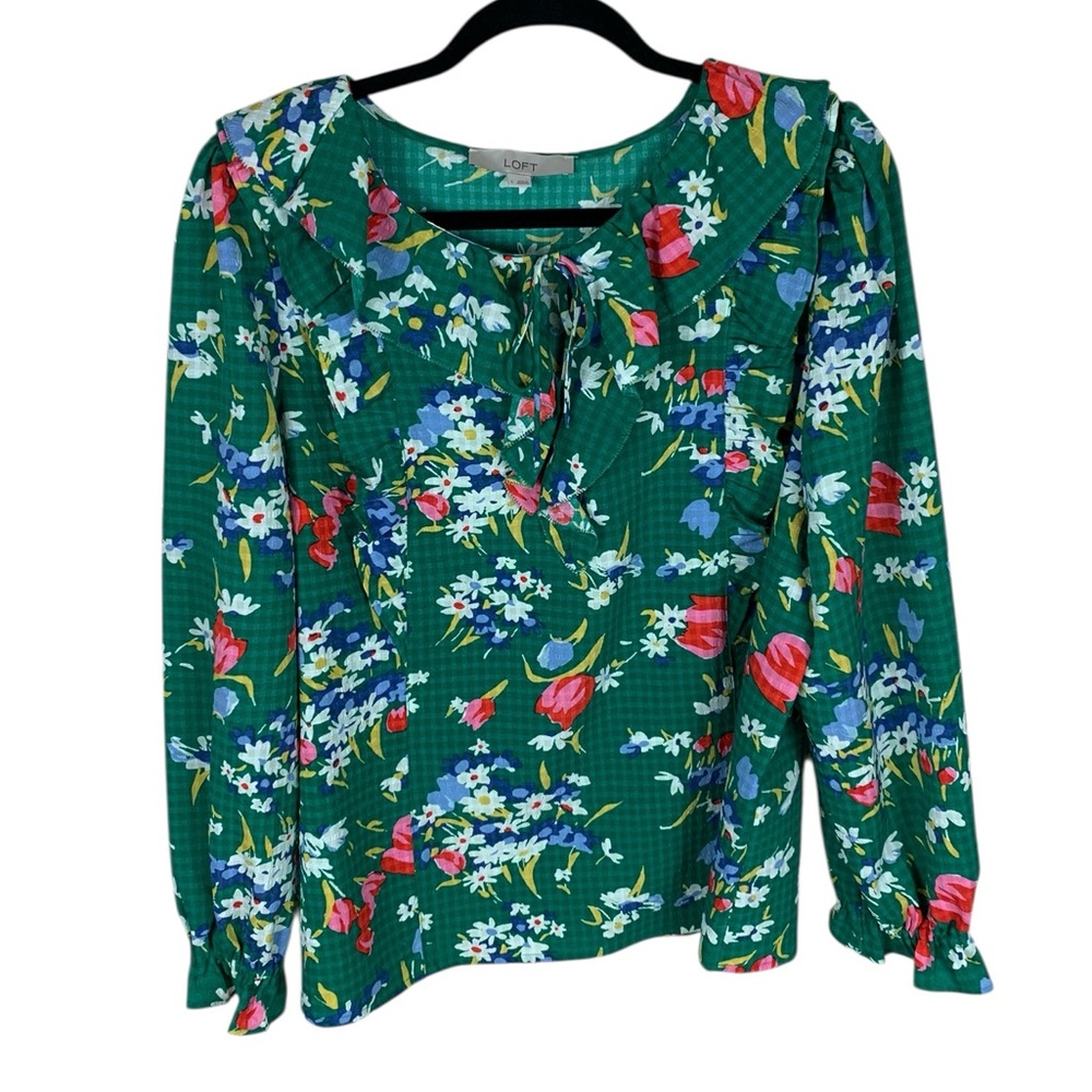 Loft Green Floral Long Sleeve Ruffle Keyhole Neck Top Size L Cottagecore